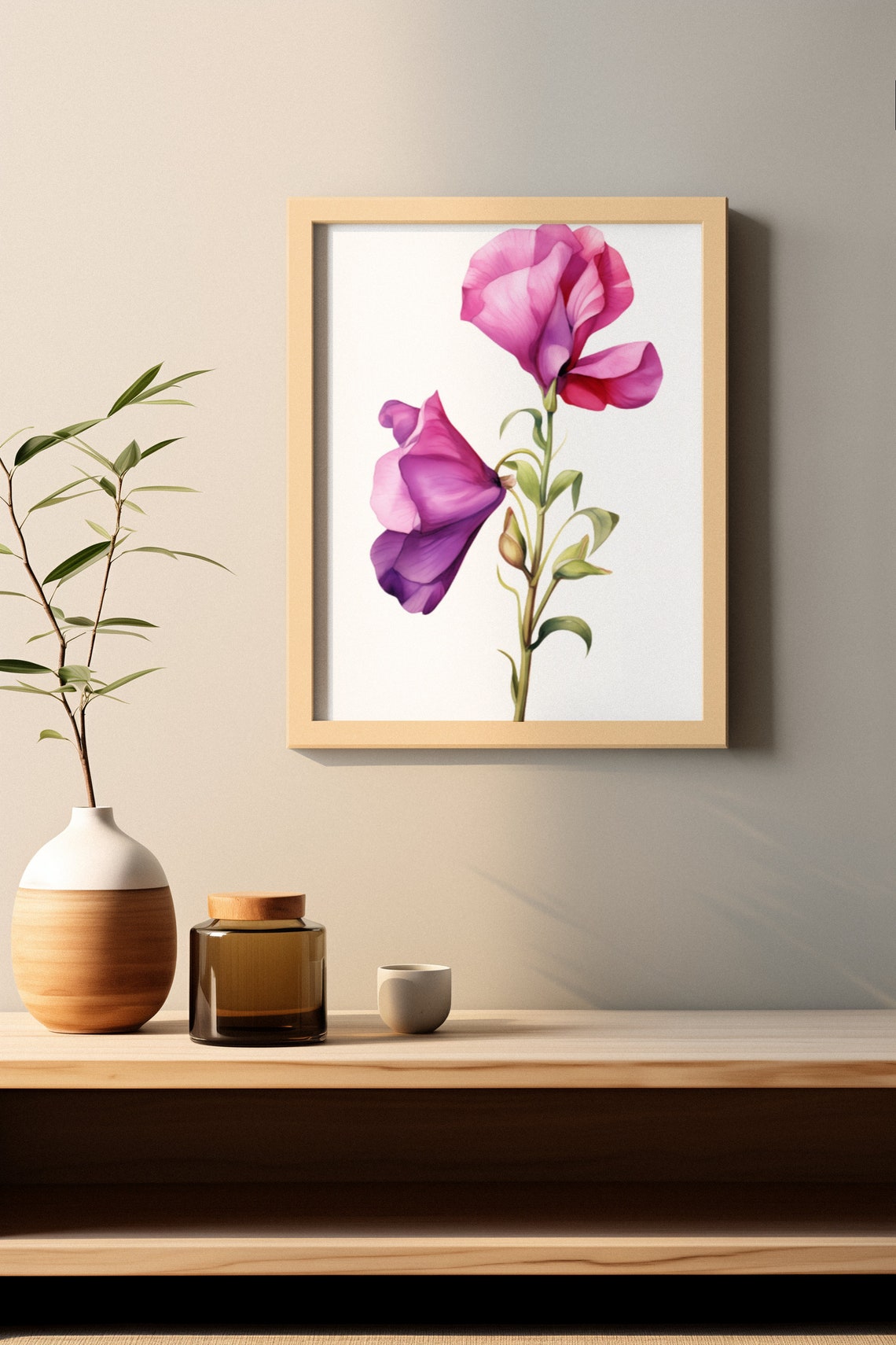 Purple Sweet Pea Twin Blossoms Watercolour Botanical Flower Poster - Image 3