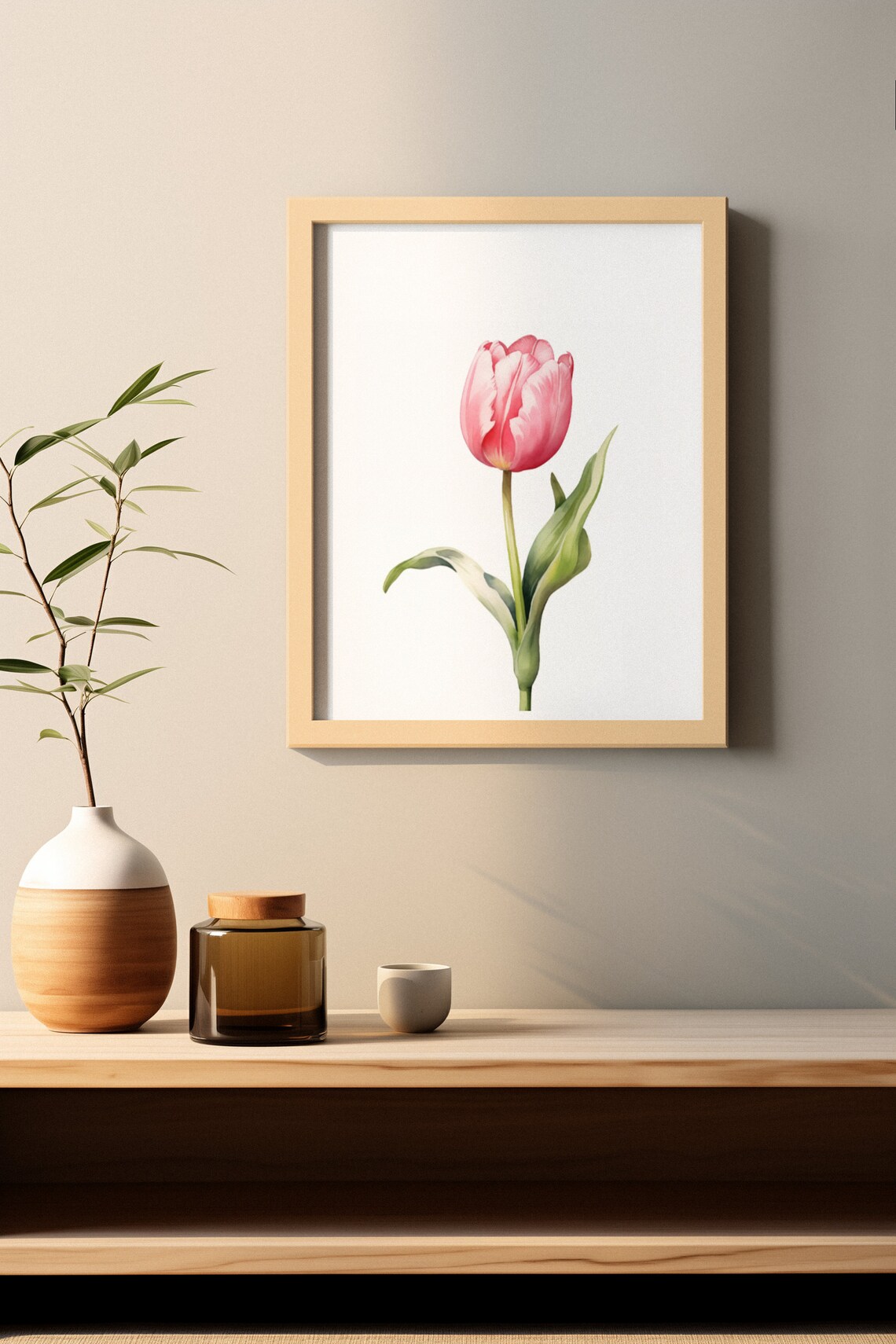 Pink Tulip Single Stem Minimalist Watercolor Floral Botanical Poster - Image 2