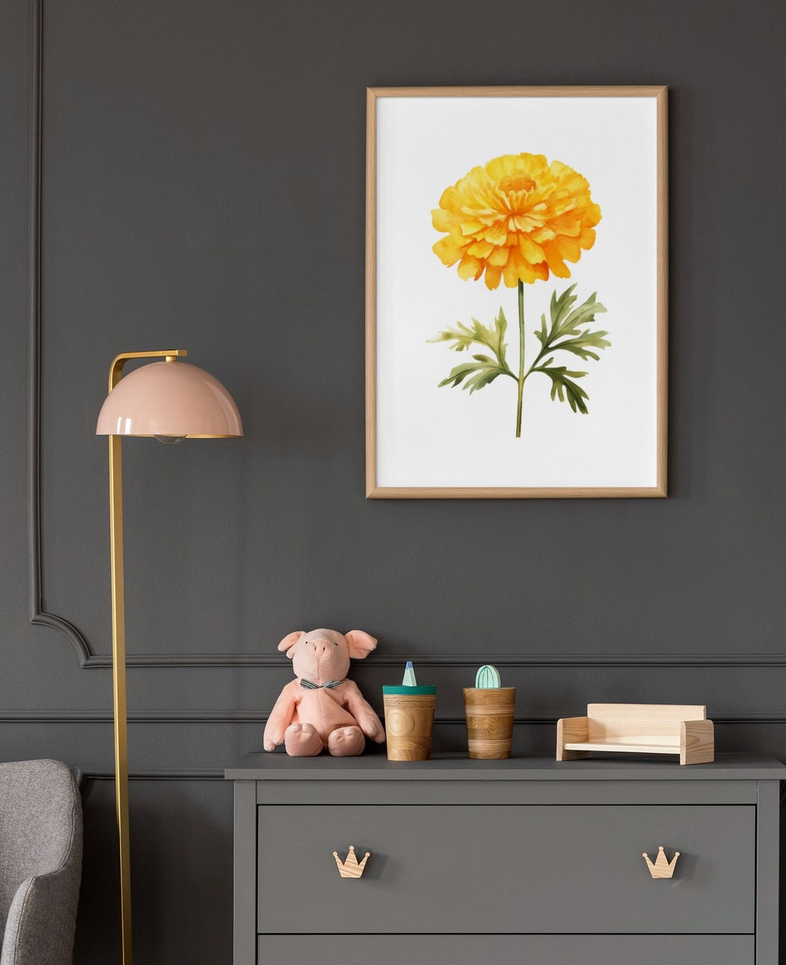 Yellow Marigold Pompon Bloom Watercolour Botanical Flower Poster - Image 9