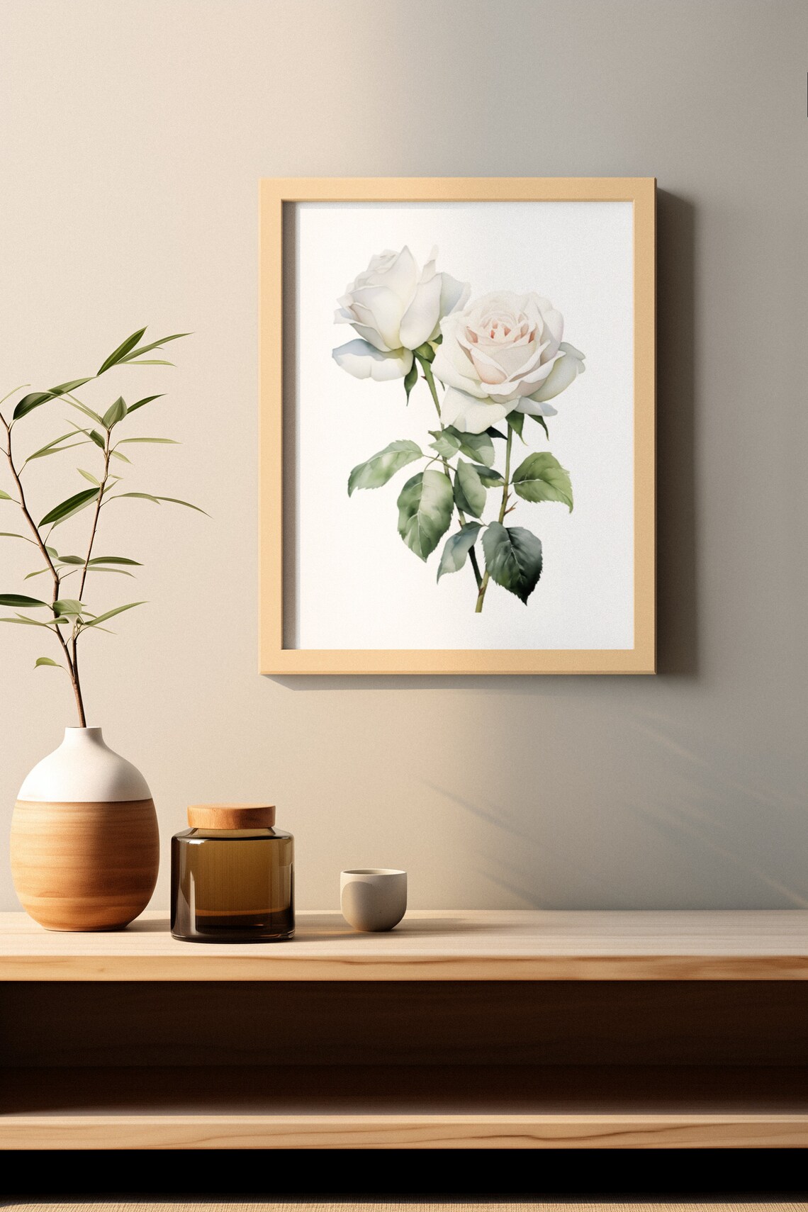 Two White Roses With Green Leaves Fresh Watercolor Art Poster - Image 2