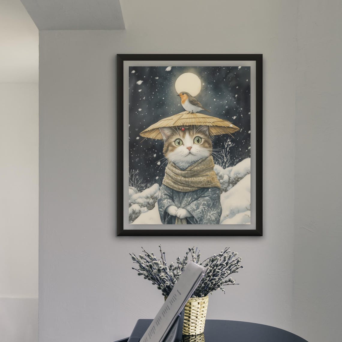 Tabby Cat In Straw Hat With A Robin Perched On A Snowy Night Poster - Image 4
