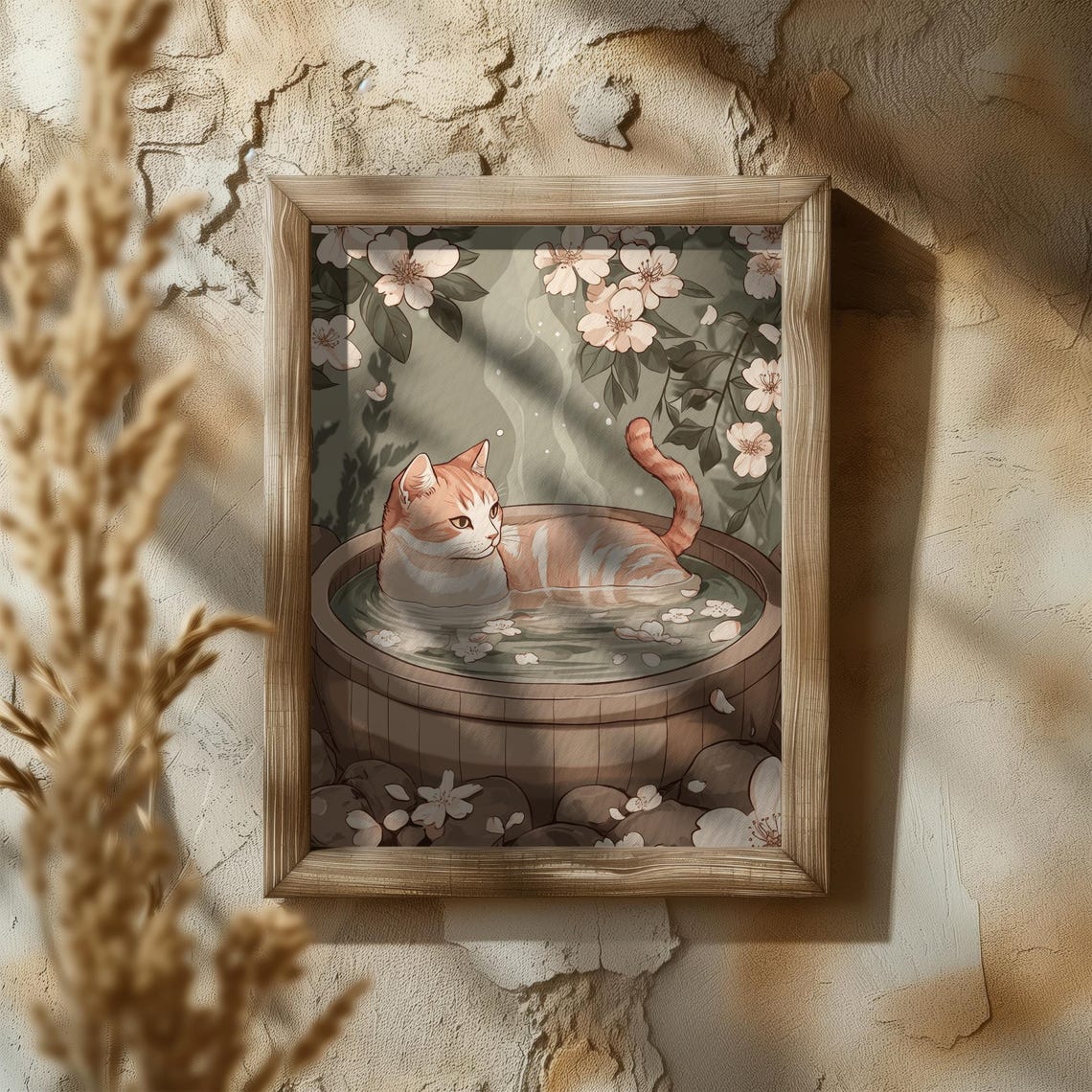 Cream Cat Soaking In Wooden Onsen With Cherry Blossom Poster - Image 5