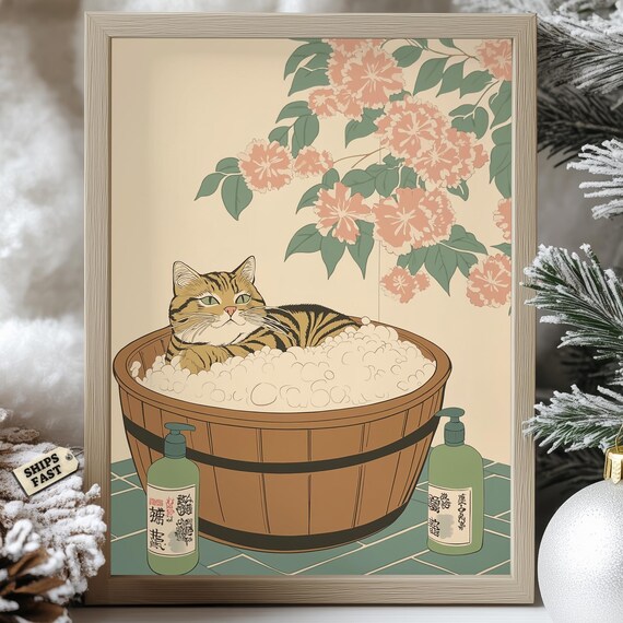 Tabby Cat In Wooden Bubble Tub Under Blossom Branches Poster