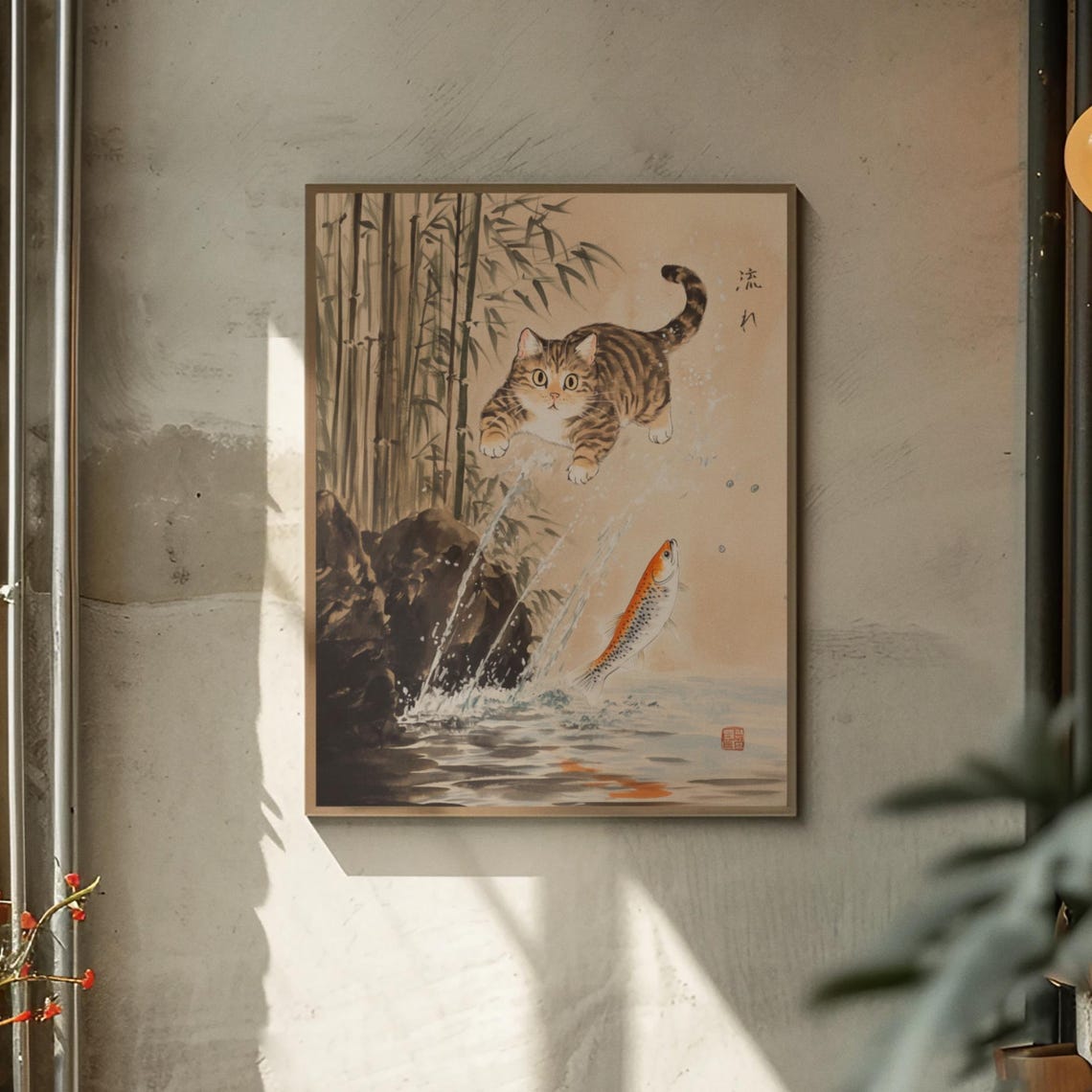 Tabby Cat Pouncing At Leaping Fish In Bamboo Ink Wash Poster - Image 2