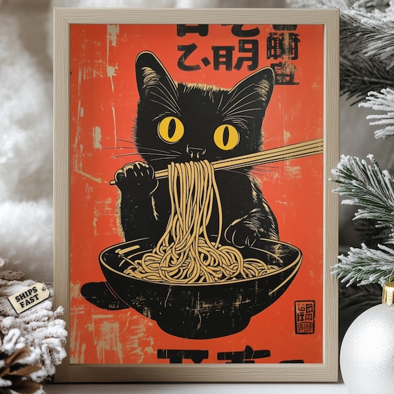 Black Cat Slurping Noodles In Woodblock Style Red Retro Poster