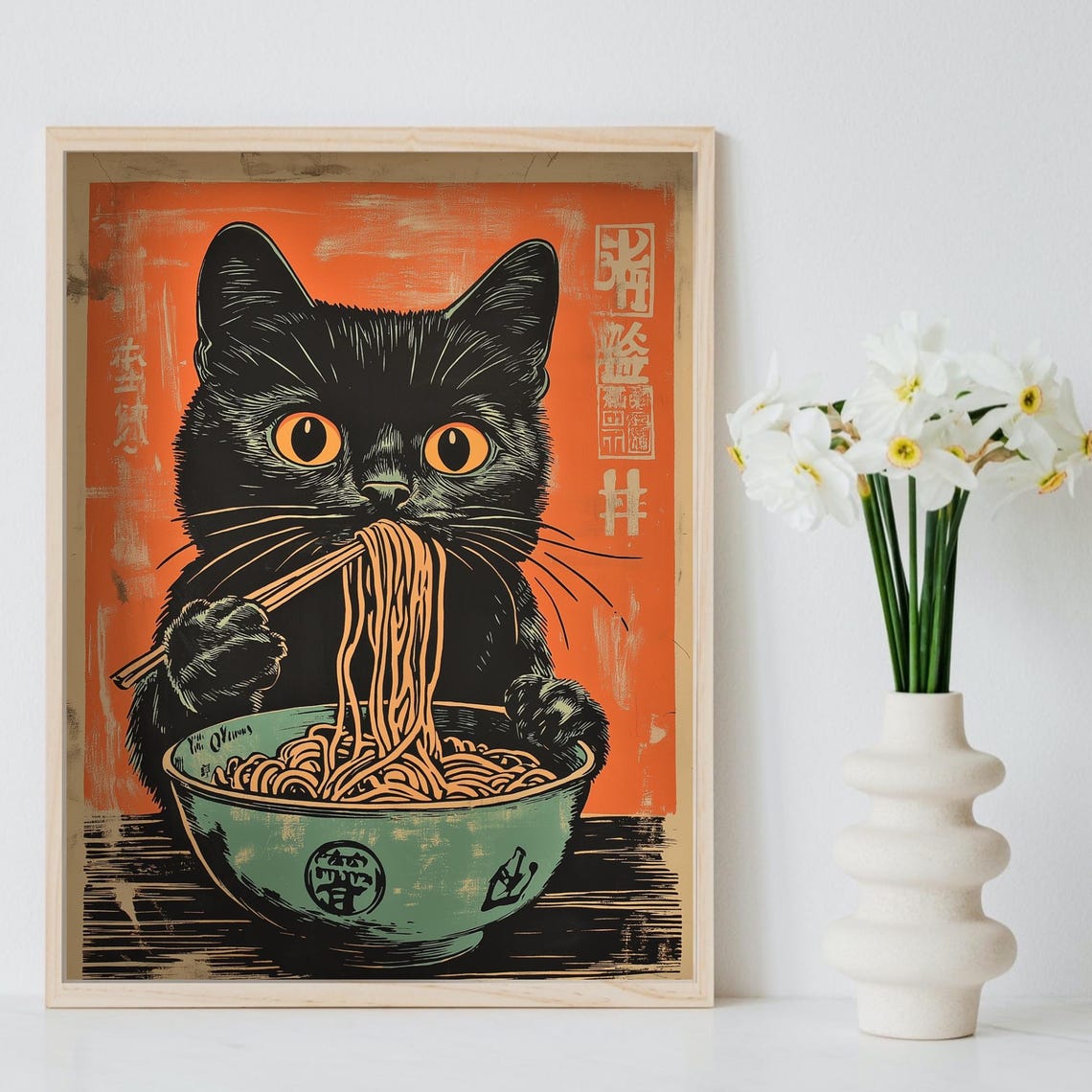 Black Cat Slurping Ramen Noodles Japanese Retro Style Poster - Image 8