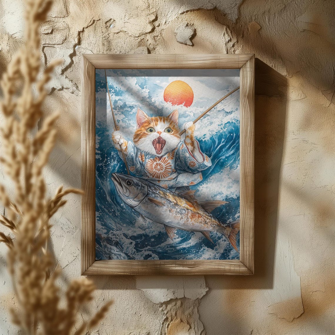 Japanese Cat Fishing Poster Stunning Watercolor Art With Ocean Waves And Giant Fish Cute Nautical Cat Wall Art Playful Fishing Scene - Image 5