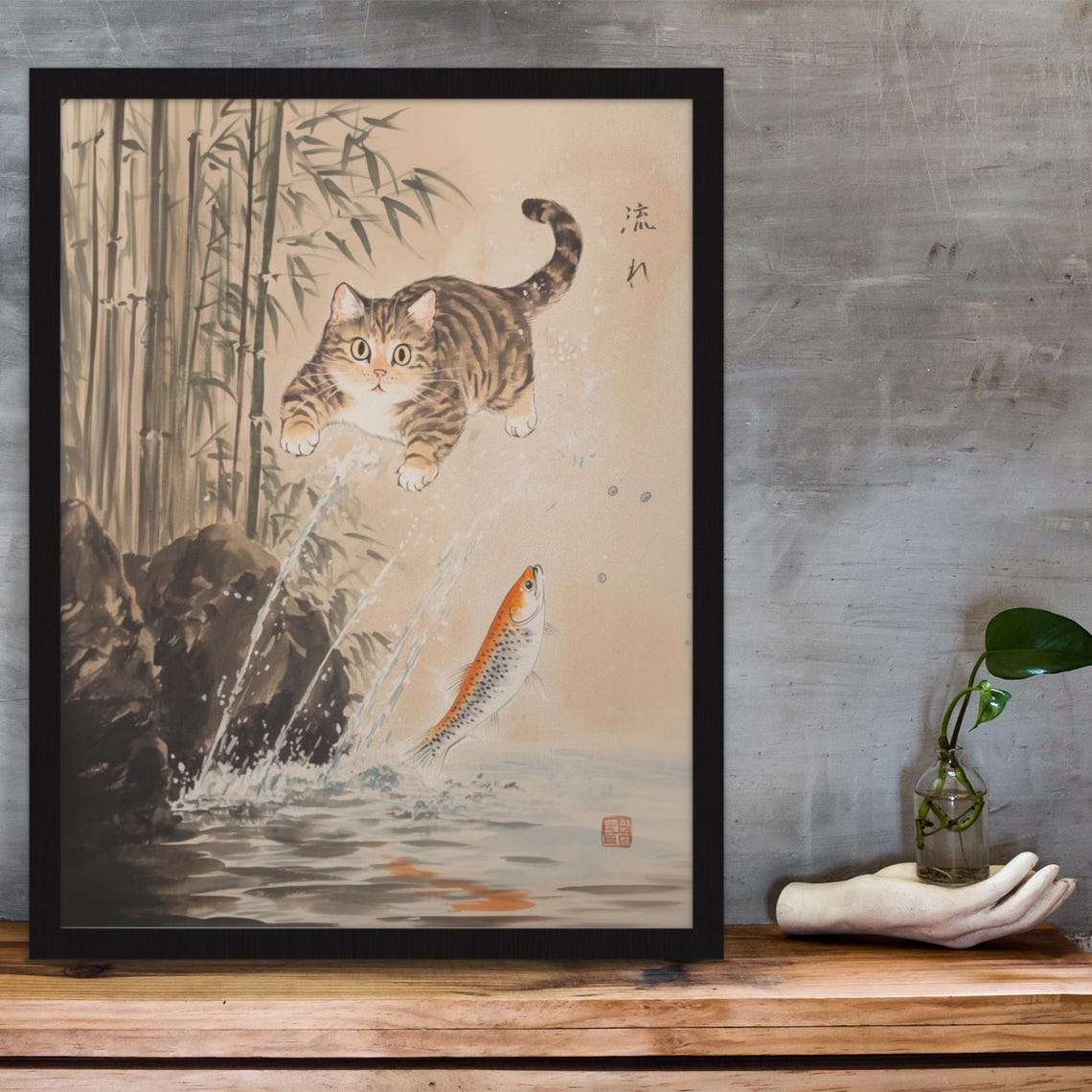 Tabby Cat Pouncing At Leaping Fish In Bamboo Ink Wash Poster - Image 3