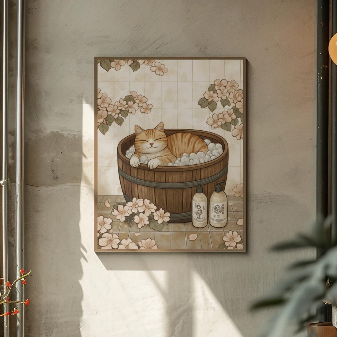 Orange Tabby Cat Relaxing In Wooden Tub Cherry Blossom Poster - Image 2
