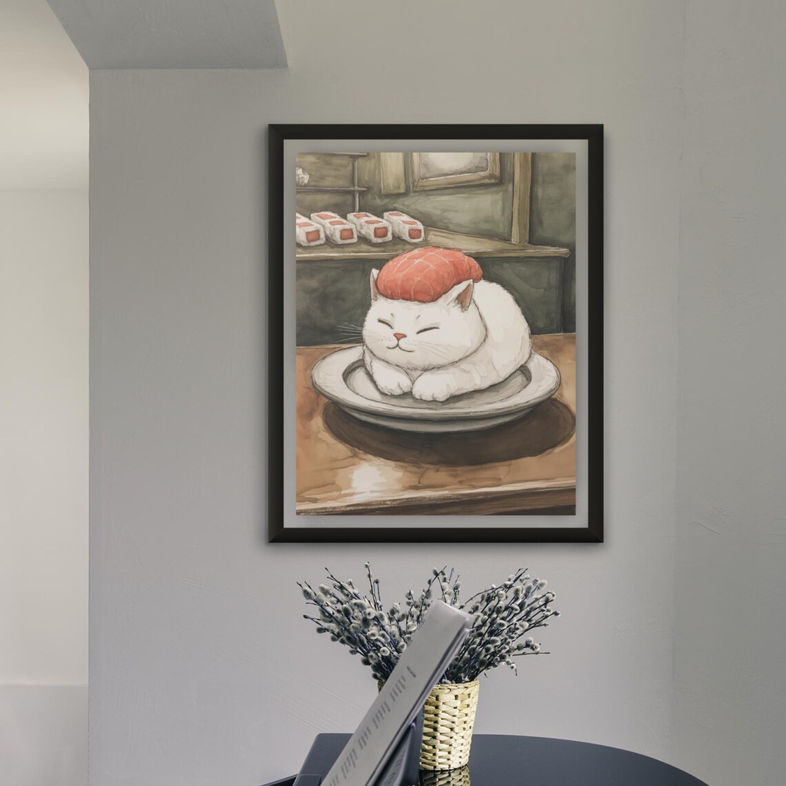 White Cat Curled Up Like Salmon Nigiri Sushi Watercolor Poster - Image 4