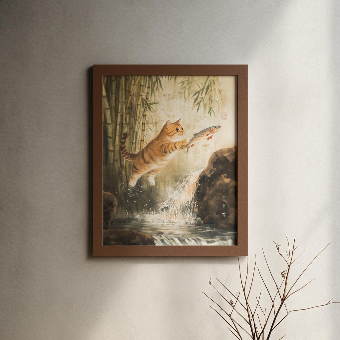 Orange Tabby Cat Catching Fish At A Waterfall In Bamboo Poster - Image 6