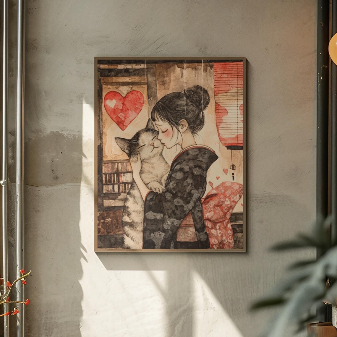Woman In Kimono Tenderly Kissing A Tabby Cat Red Hearts Poster - Image 2