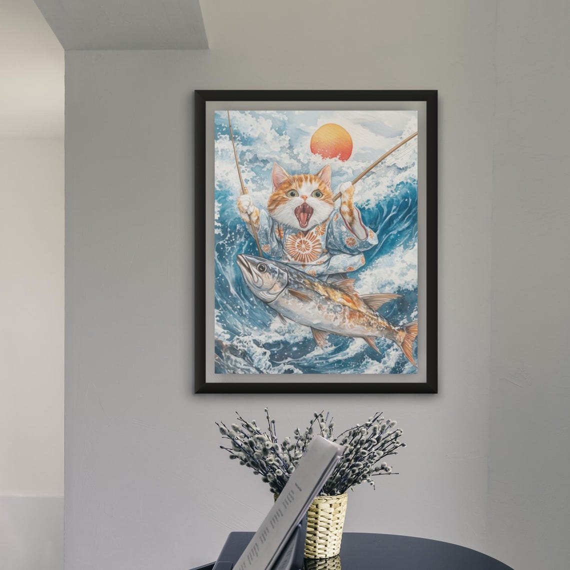 Japanese Cat Fishing Poster Stunning Watercolor Art With Ocean Waves And Giant Fish Cute Nautical Cat Wall Art Playful Fishing Scene - Image 4