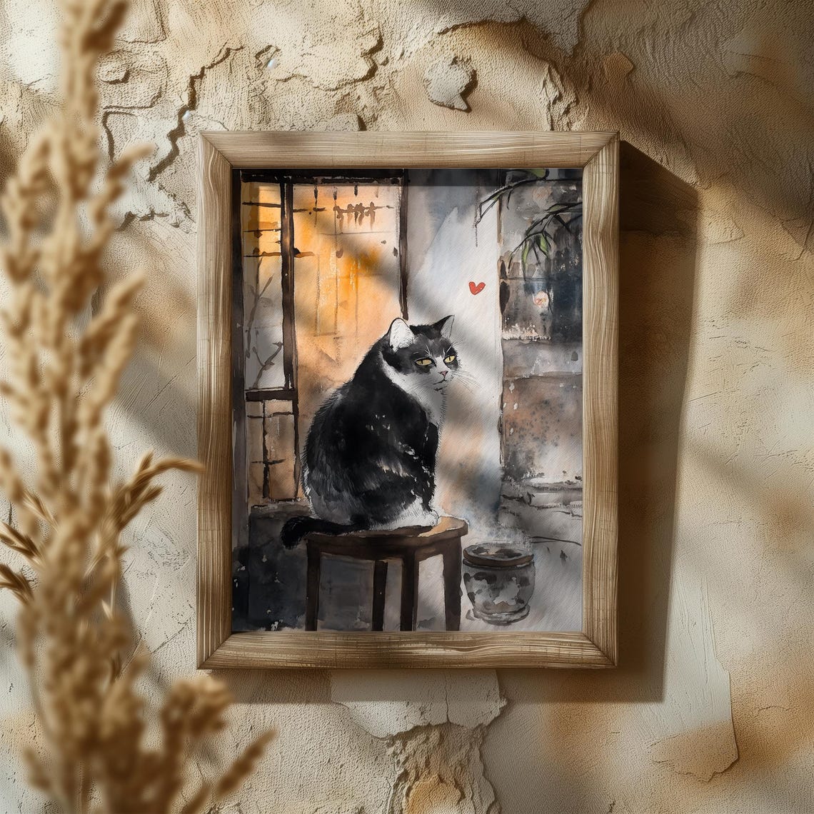 Tuxedo Cat On Stool By Glowing Shoji Window Red Heart Poster - Image 5