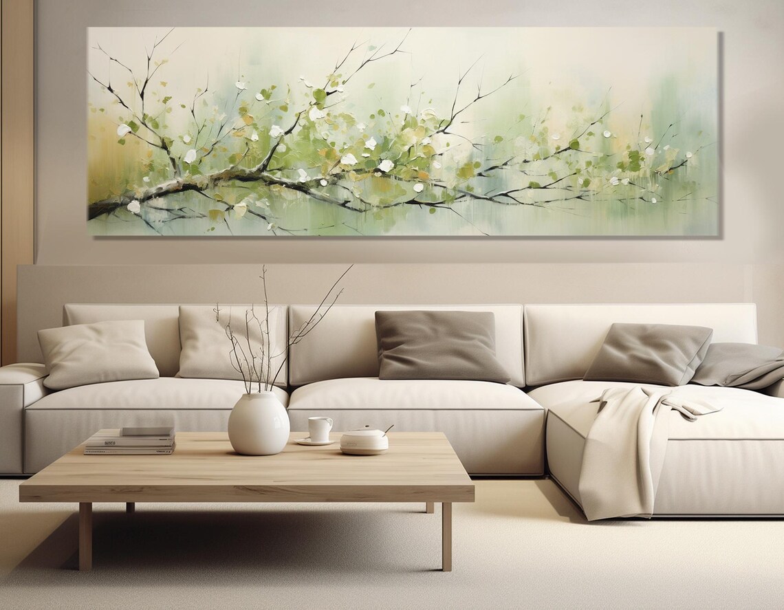 Spring Tree Branch Painting, Soft Neutral Tones