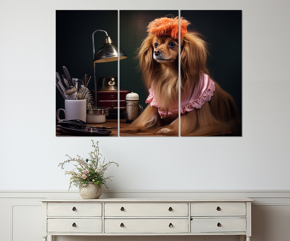 Dog Hairdresser Pink Grooming Cape Feather Hat Funny Salon Wall Art - Image 3