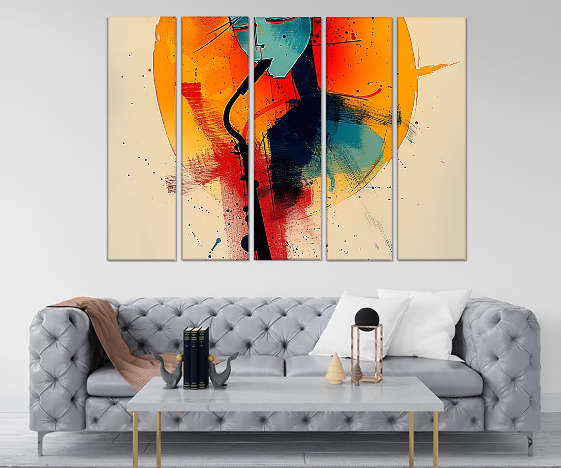 Abstract Saxophone Orange Red Sun Expressionist Splash Jazz Music Wall Art Poster - Image 3
