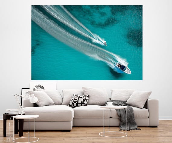 Aerial Motor Boat Print Water Skiing Wall Art Water Sports Abstract Painting Print Framed And Ready To Hang