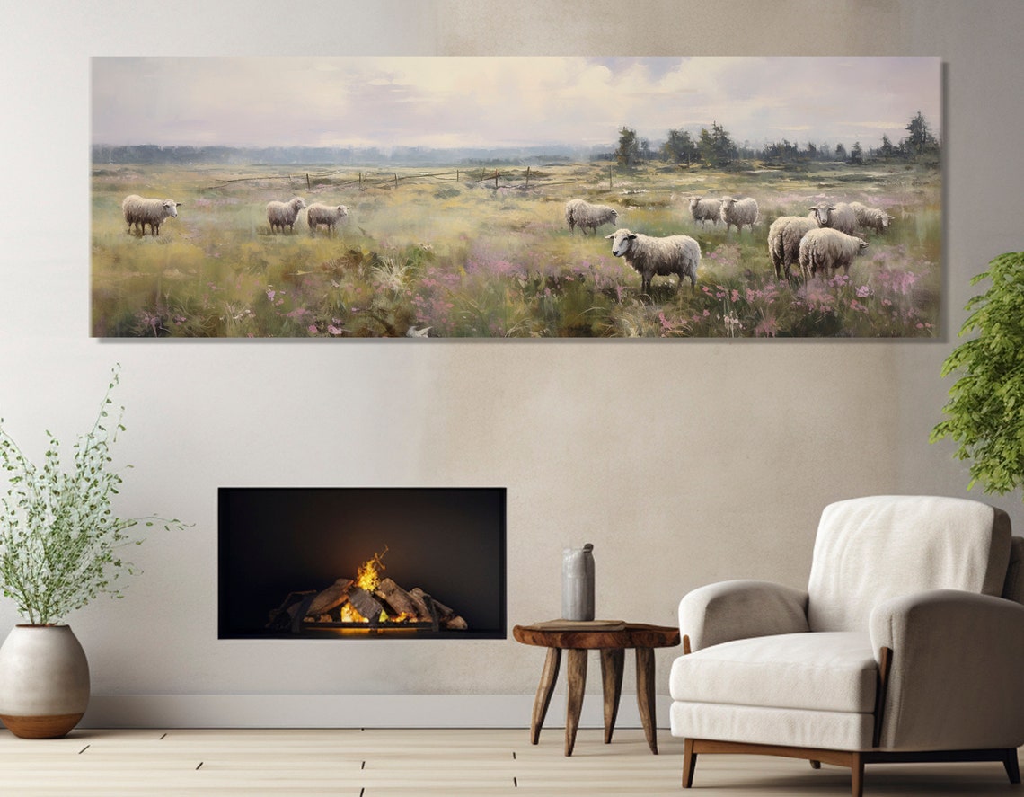 Sheep Grazing In Wildflower Meadow Soft Pastel Farmhouse Scene Poster