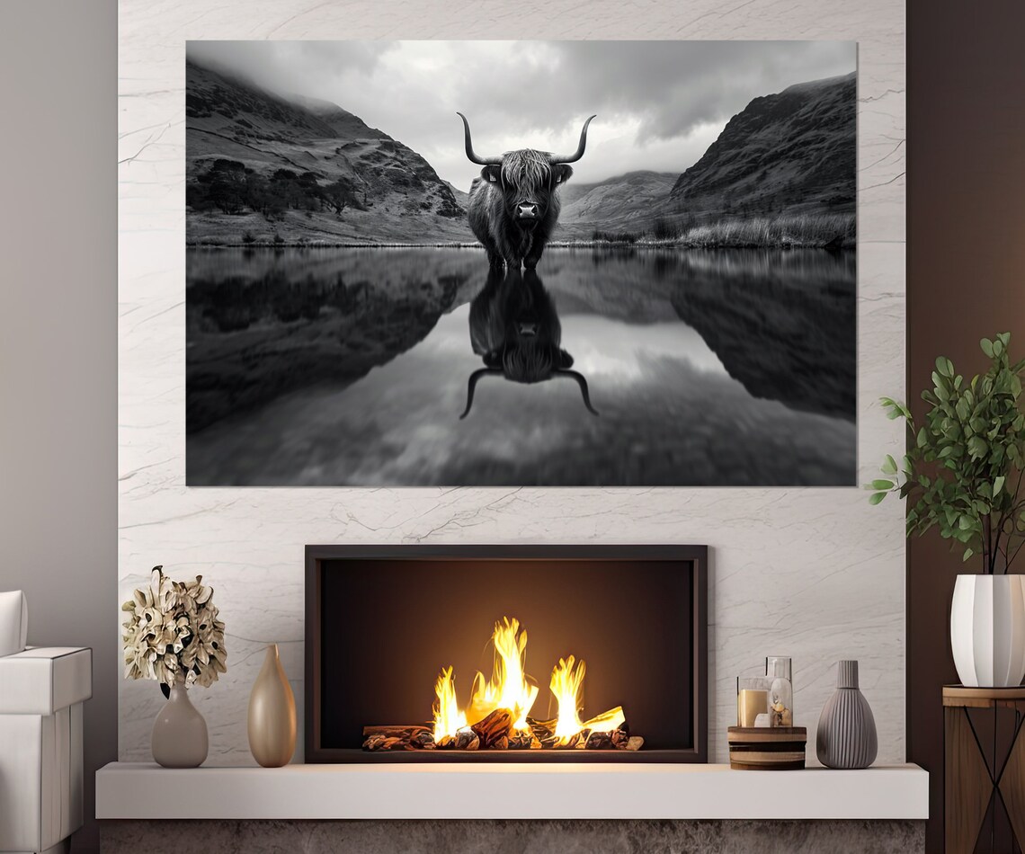 Highland Cow in Mountains, Black and White Farmhouse Art Print