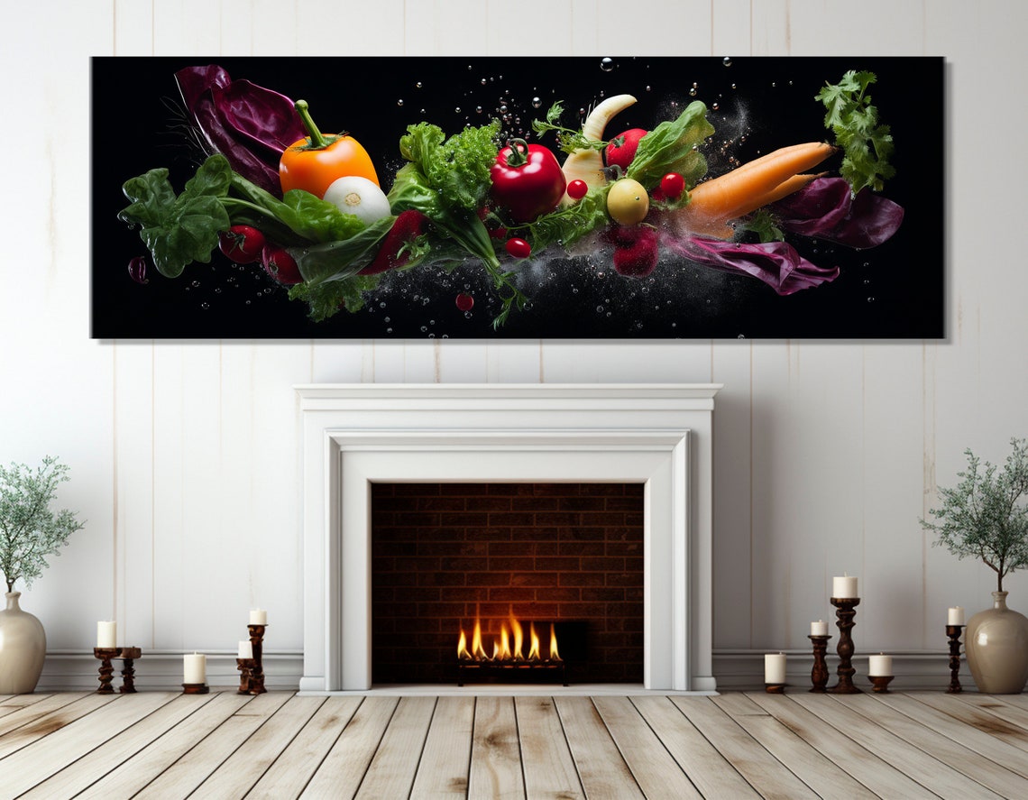 Fresh Vegetables Flying Black Background Modern Kitchen Wall Art - Image 2