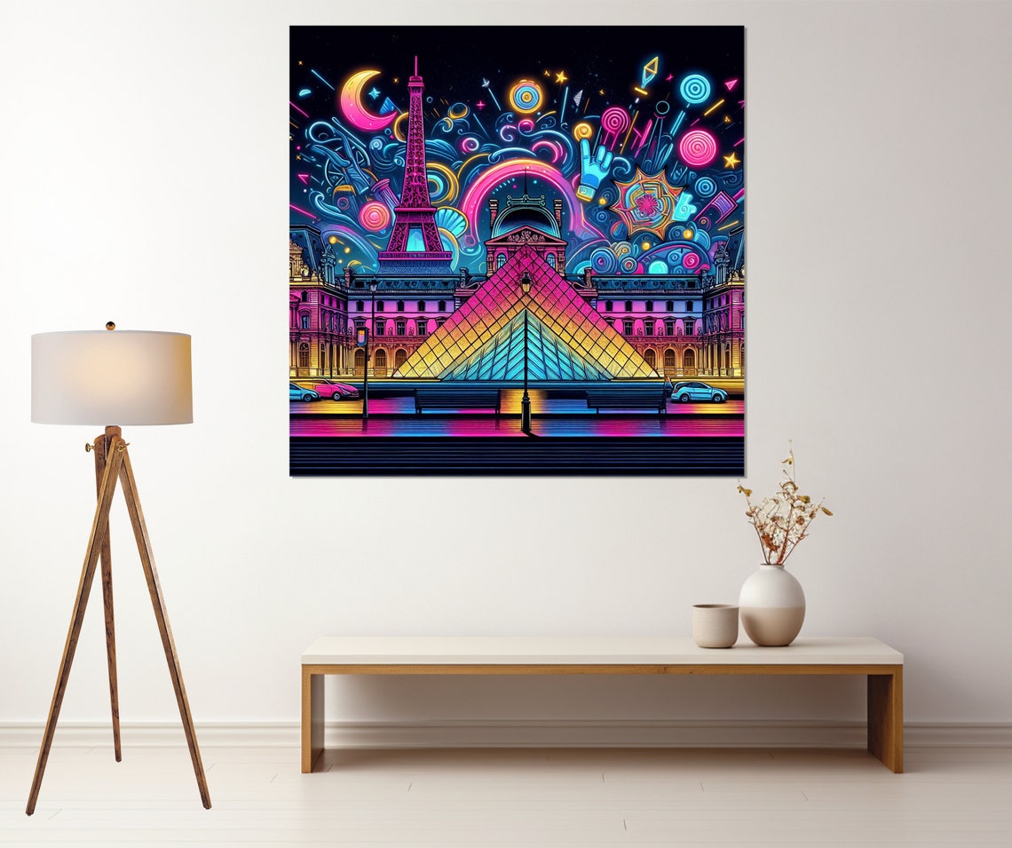 Neon Paris Eiffel Tower Louvre Pyramid Night City Lights Poster - Image 3
