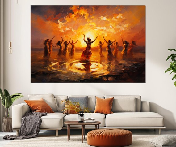 Women Dancing Around Fire Fiery Sunset Impressionist Celebration Wall Poster