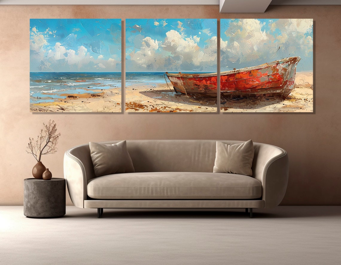 Weathered Red Boat On Sunny Sandy Beach Impressionist Poster - Image 3