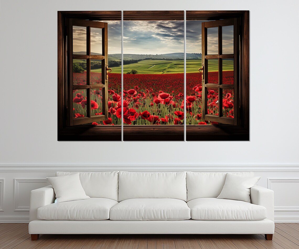 Open Window Poppy Field View Art Print, Floral - Image 2