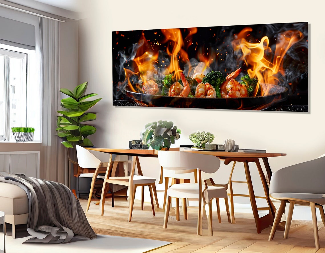 Flaming Wok Shrimp And Broccoli Stir Fry Dramatic Kitchen Wall Art - Image 2