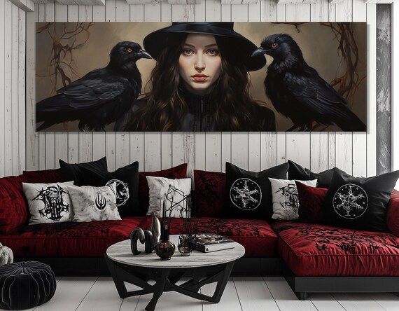 Gothic Wall Art Witch With Her Ravens Print Witch Painting Dark Academia Wall Art Helloween Art Framed Ready To Hang