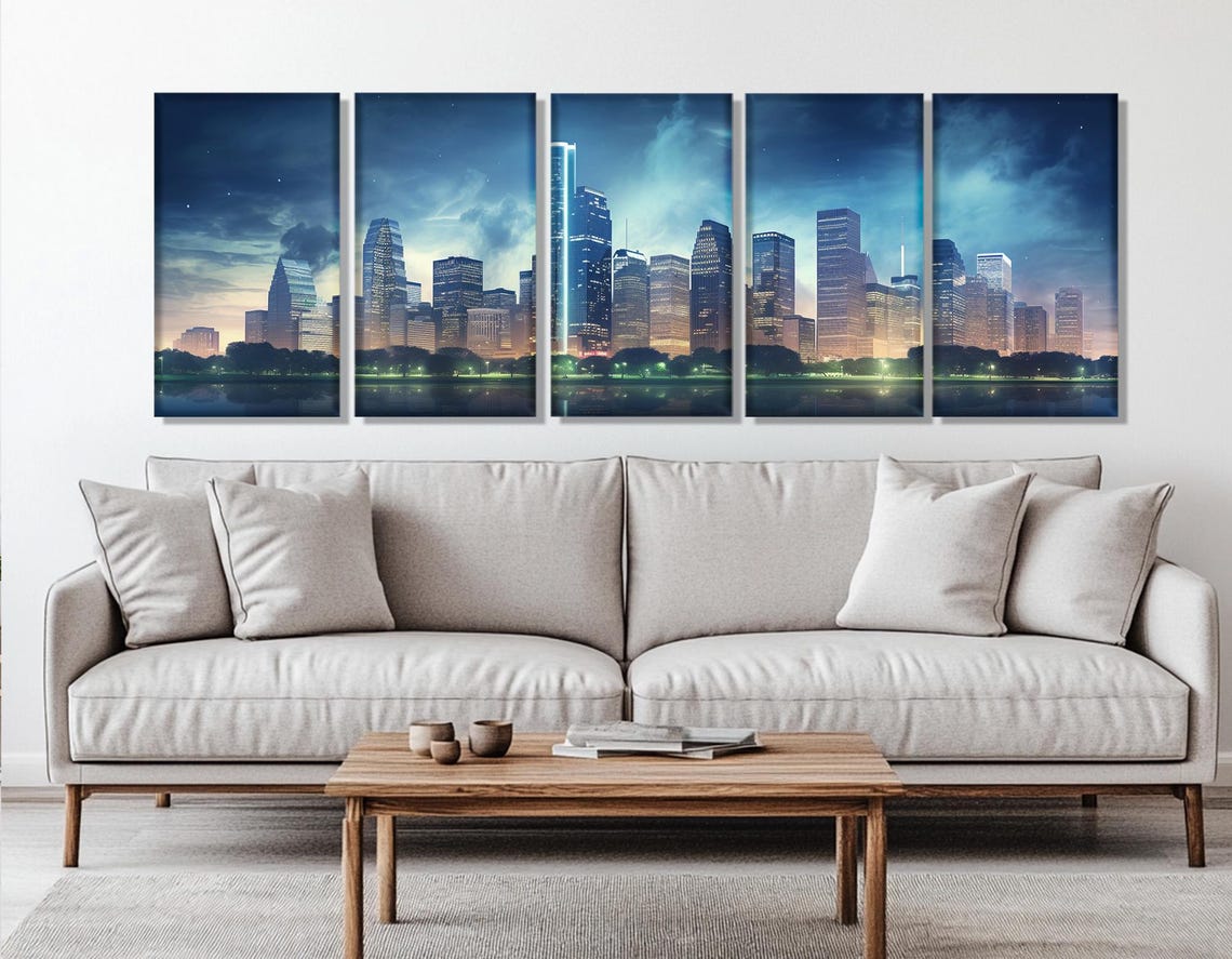 Houston Skyline Triptych At Dusk With Glowing City Lights Water Poster - Image 3