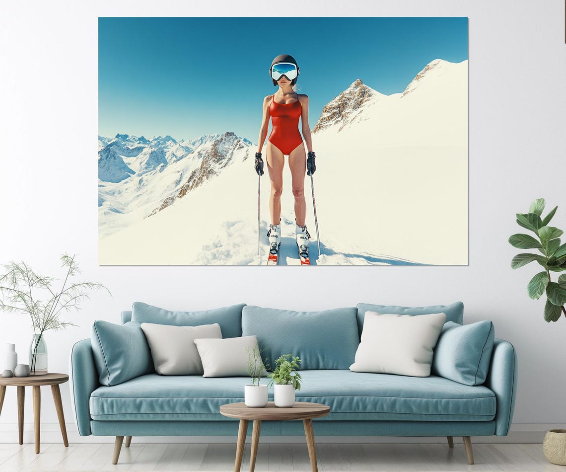 Skier In Red Swimsuit Snowy Mountain Triptych Bold Ski Wall Art Print - Image 2