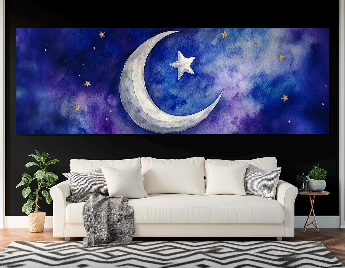 Crescent Moon And Star Deep Blue Night Sky Watercolor Islamic Poster - Image 3