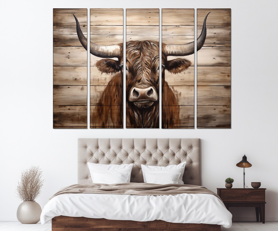 Rustic Longhorn Cow Triptych Wood Plank Western Farmhouse Art Poster - Image 2