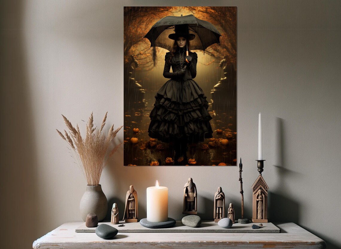 Victorian Witch Under Umbrella Autumn Rain Pumpkins Gothic Fantasy Poster
