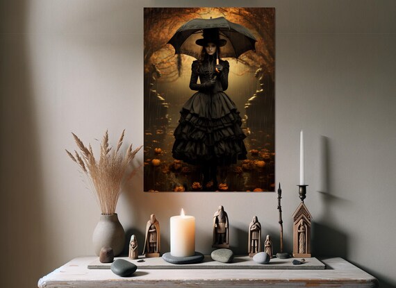 Victorian Witch Under Umbrella Autumn Rain Pumpkins Gothic Fantasy Poster