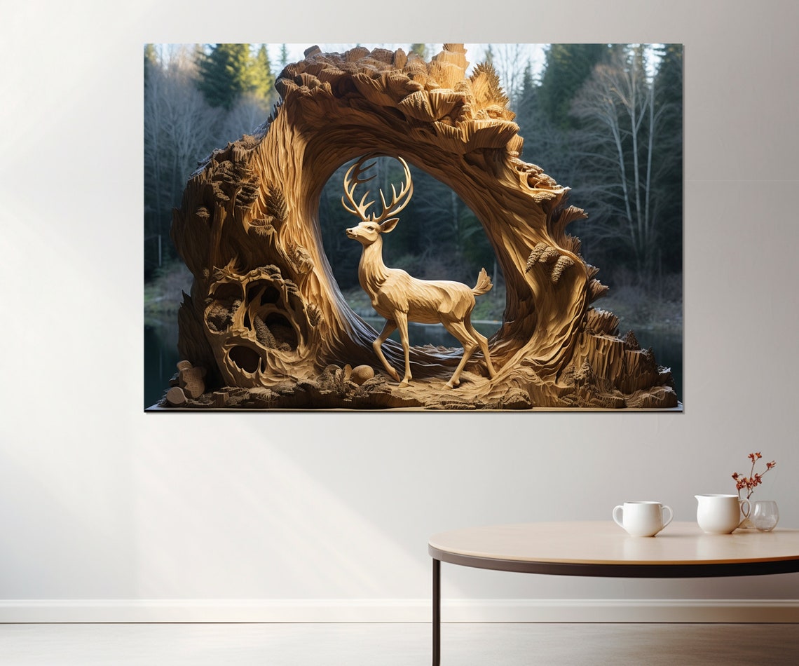 Carved Wooden Stag Deer Tree Trunk Arch Forest Sculpture Art Poster