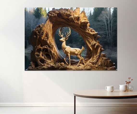 Carved Wooden Stag Deer Tree Trunk Arch Forest Sculpture Art Poster