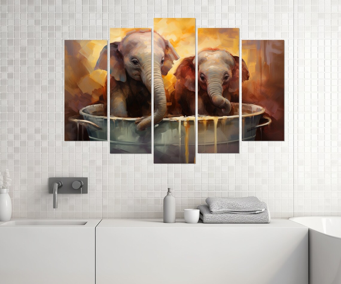 Baby Elephants In Vintage Metal Tub Cute Warm Golden Painting Poster - Image 2