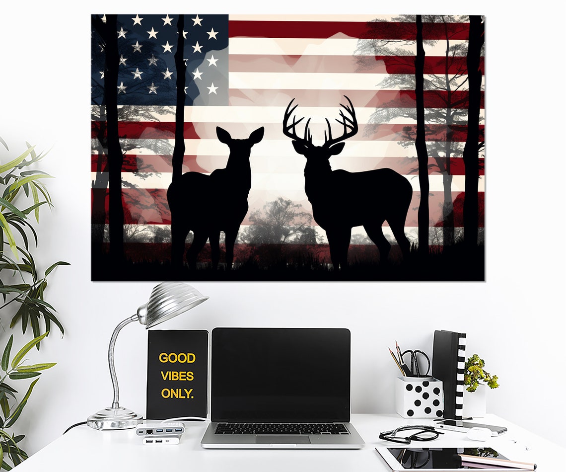 Deer Silhouette Buck Doe American Flag Forest Patriotic Wall Art - Image 4