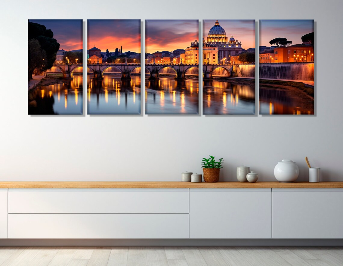 Rome Italy St Peters Basilica Sunset Over Tiber River Panorama Poster - Image 2