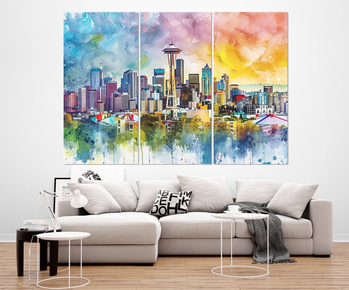 Seattle Space Needle Skyline Rainbow Watercolor City Travel Poster - Image 2