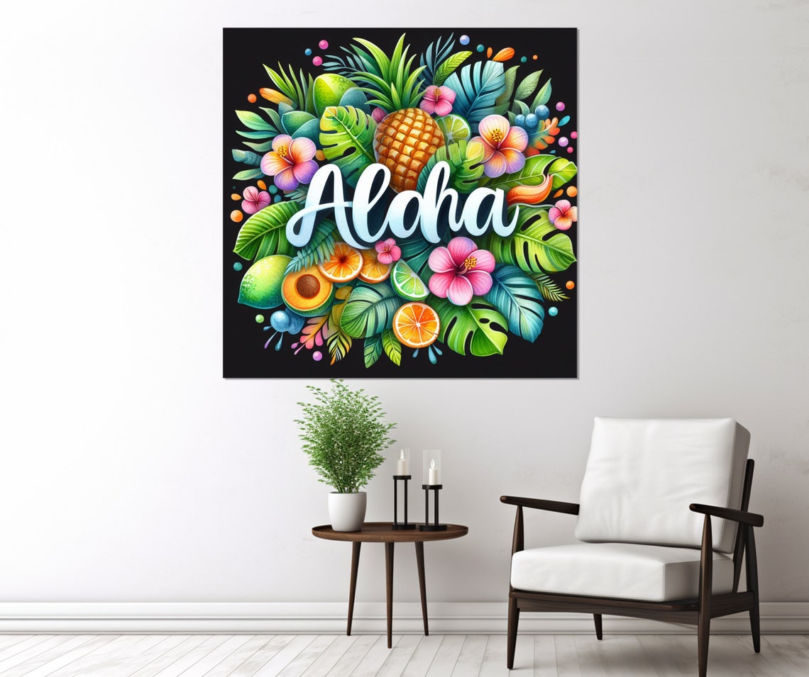 Aloha Pineapple Hibiscus Citrus Bright Neon Tropical Fruit Wall Art - Image 4