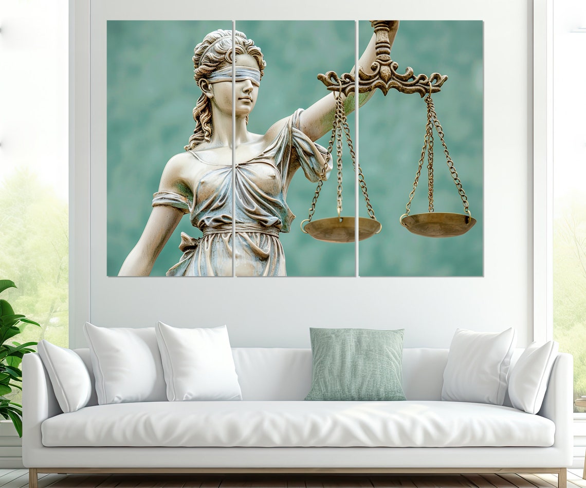Lady Justice Statue Scales Law Office Teal Background Elegant Poster - Image 4