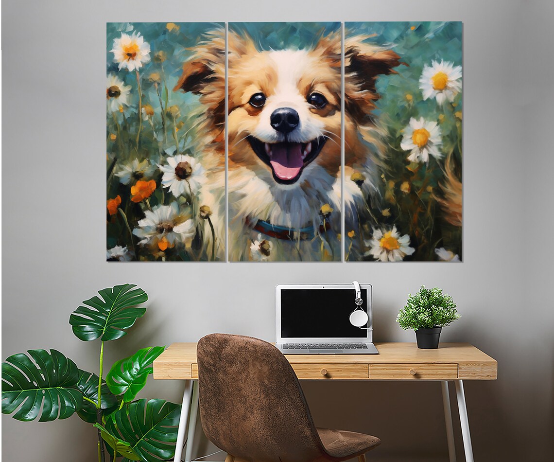Smiling Puppy In Daisy Field Happy Dog Painting Animal Art Poster - Image 2