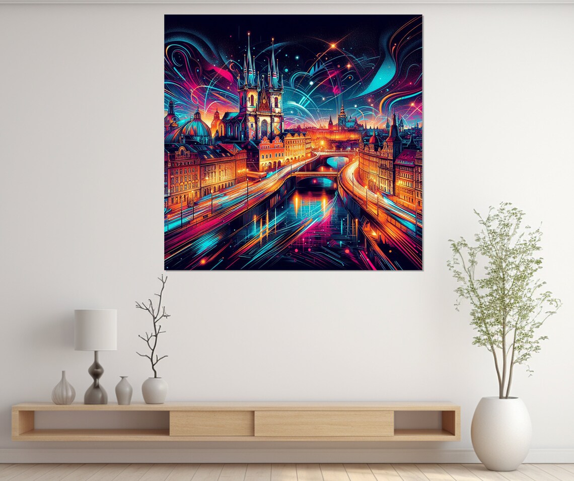 Prague Neon Night Old Town Bridge Lights Cityscape Travel Poster - Image 2