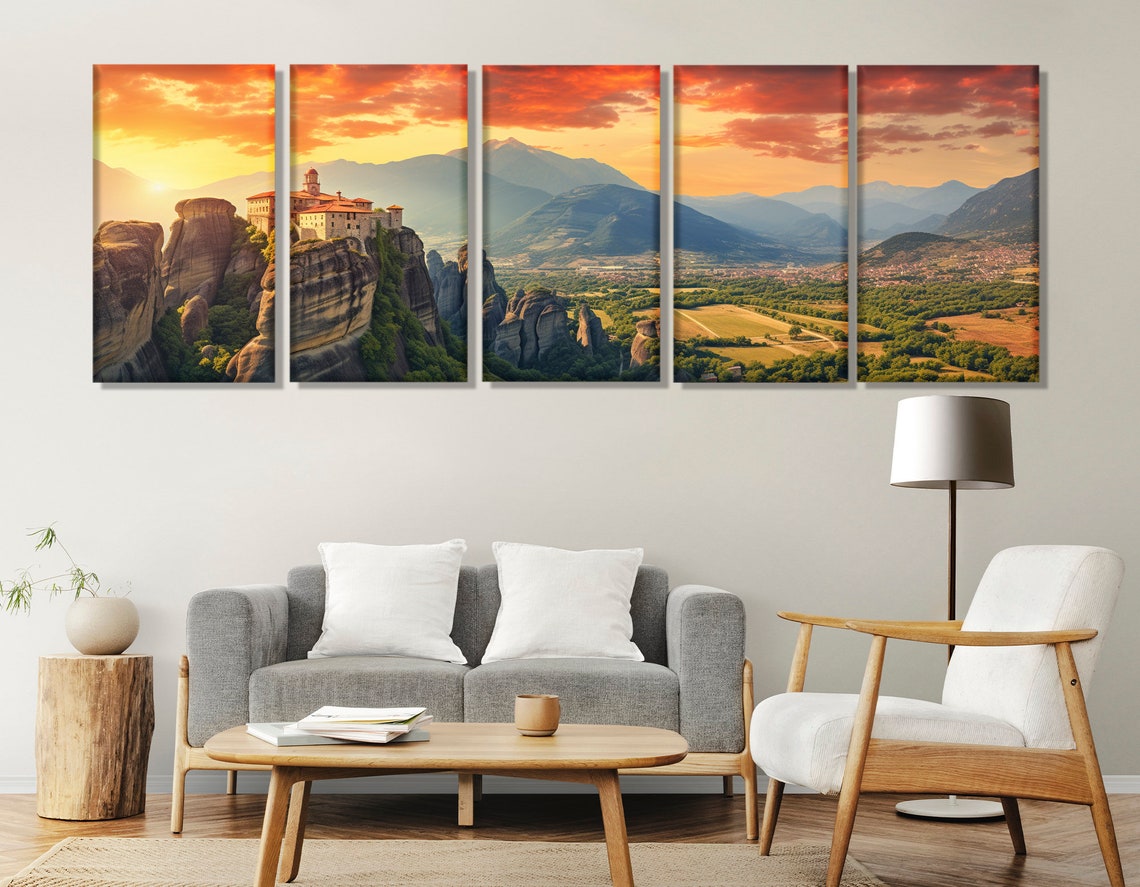 Meteora Monasteries Panoramic Print Meteora Mountain Painting Greece Wall Art Meteora Art Framed And Ready To Hang - Image 3