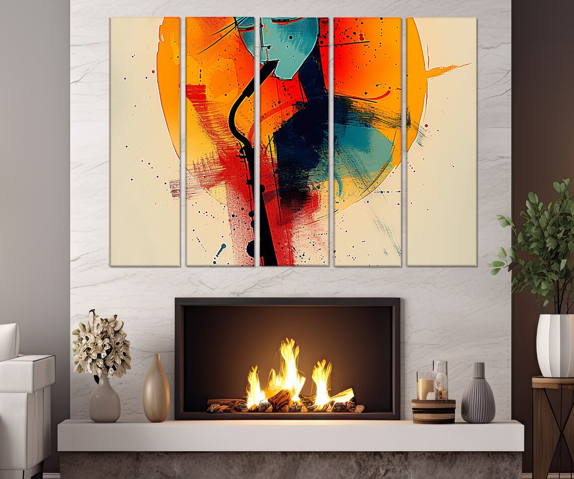 Abstract Saxophone Orange Red Sun Expressionist Splash Jazz Music Wall Art Poster - Image 4