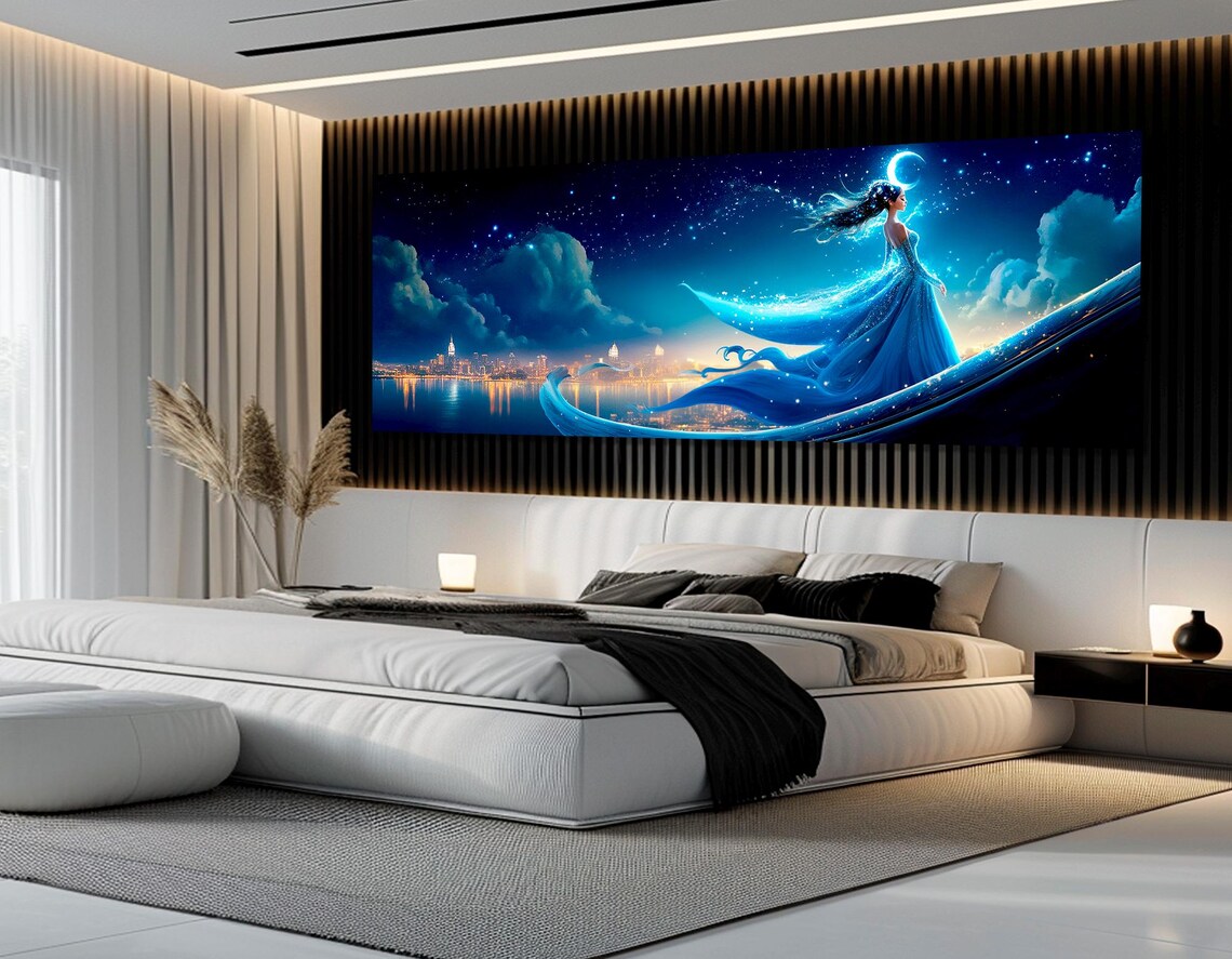 Blue Fairy Night City Starry Sky Crescent Moon Magical Fantasy Art Poster - Image 3